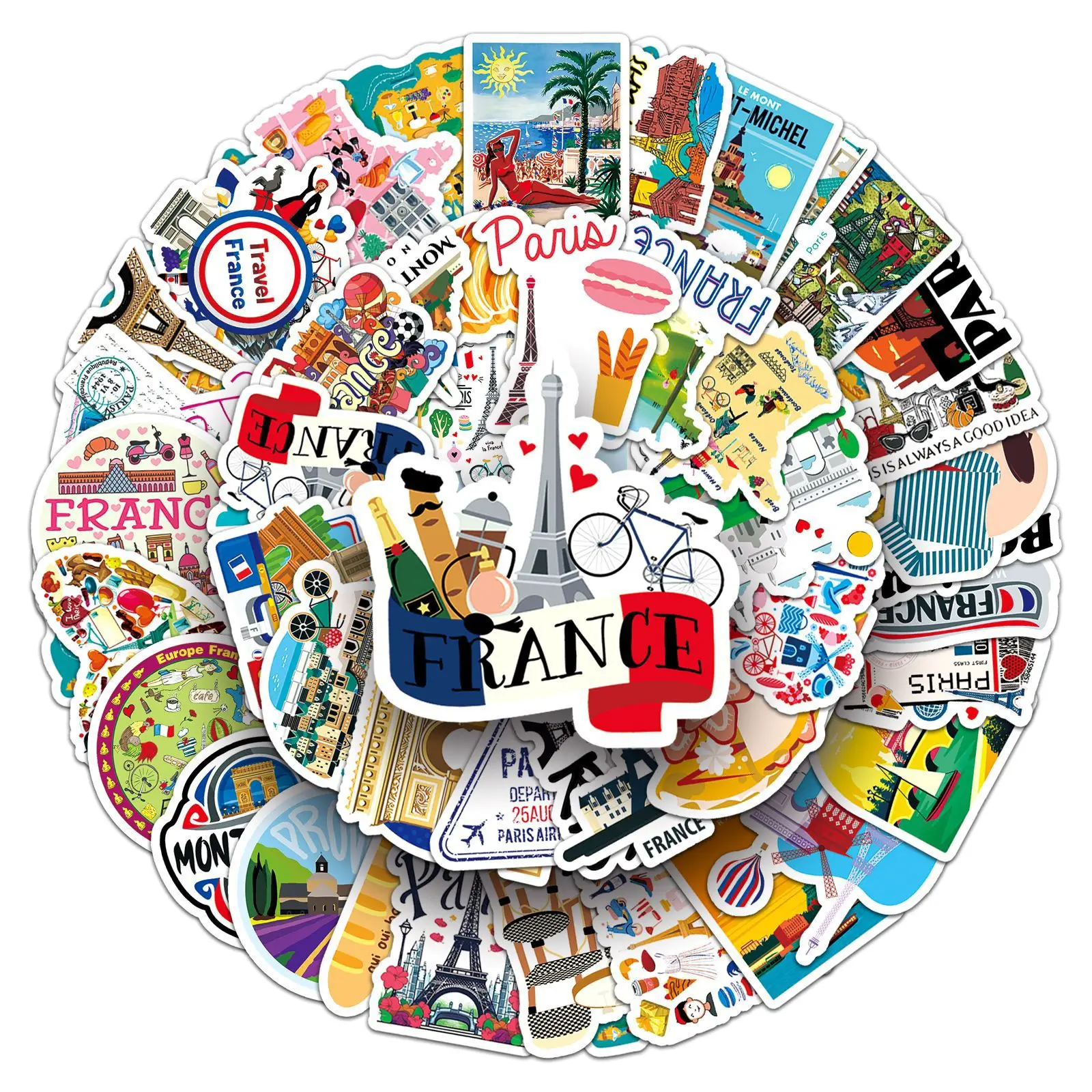 Confezione da 50 adesivi paesaggistici da viaggio in Francia, decalcomanie per il punto di riferimento della Torre Eiffel, per il regalo decorativo dei bagagli del laptop