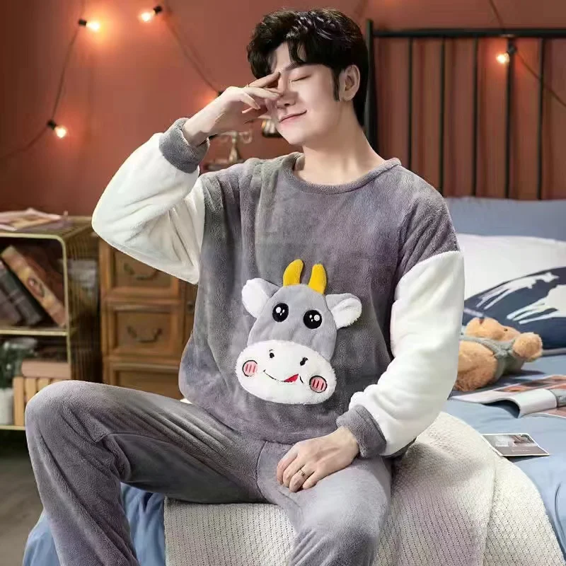 Milk Cow Kawaii Cute Crew Neck Men\'s Pajamas Set Autumn Winter Casual Simple New Men\'s Sleepwear Cartoon Vintage Home Wear