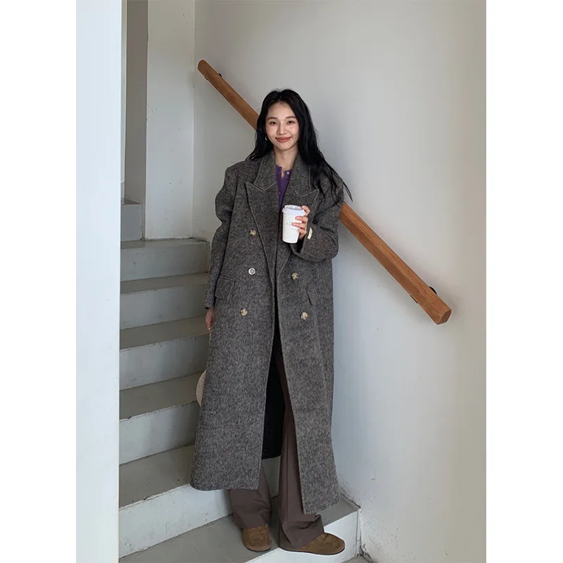 High Quality Long Woolen Cashmere Coat Women Autumn Winter Alpaca Wool Jacket Double Breasted With Scarf Overcoat Off White