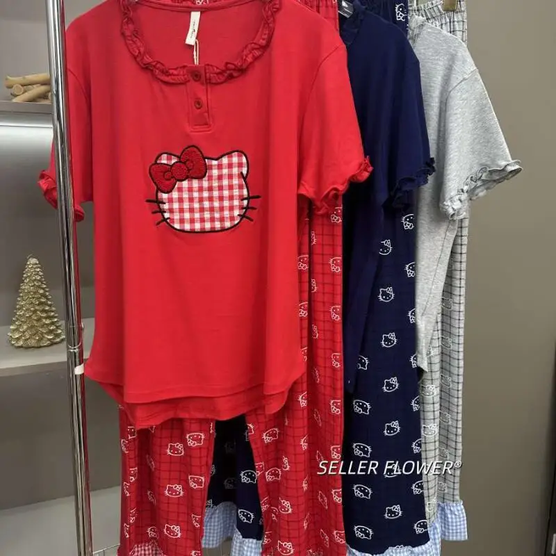

Hello Kitty New Summer Pajamas for Women Printed Plaid Casual Fashion Home Wear Suit Round Neck Short Sleeve Sweet Cartoon Cute