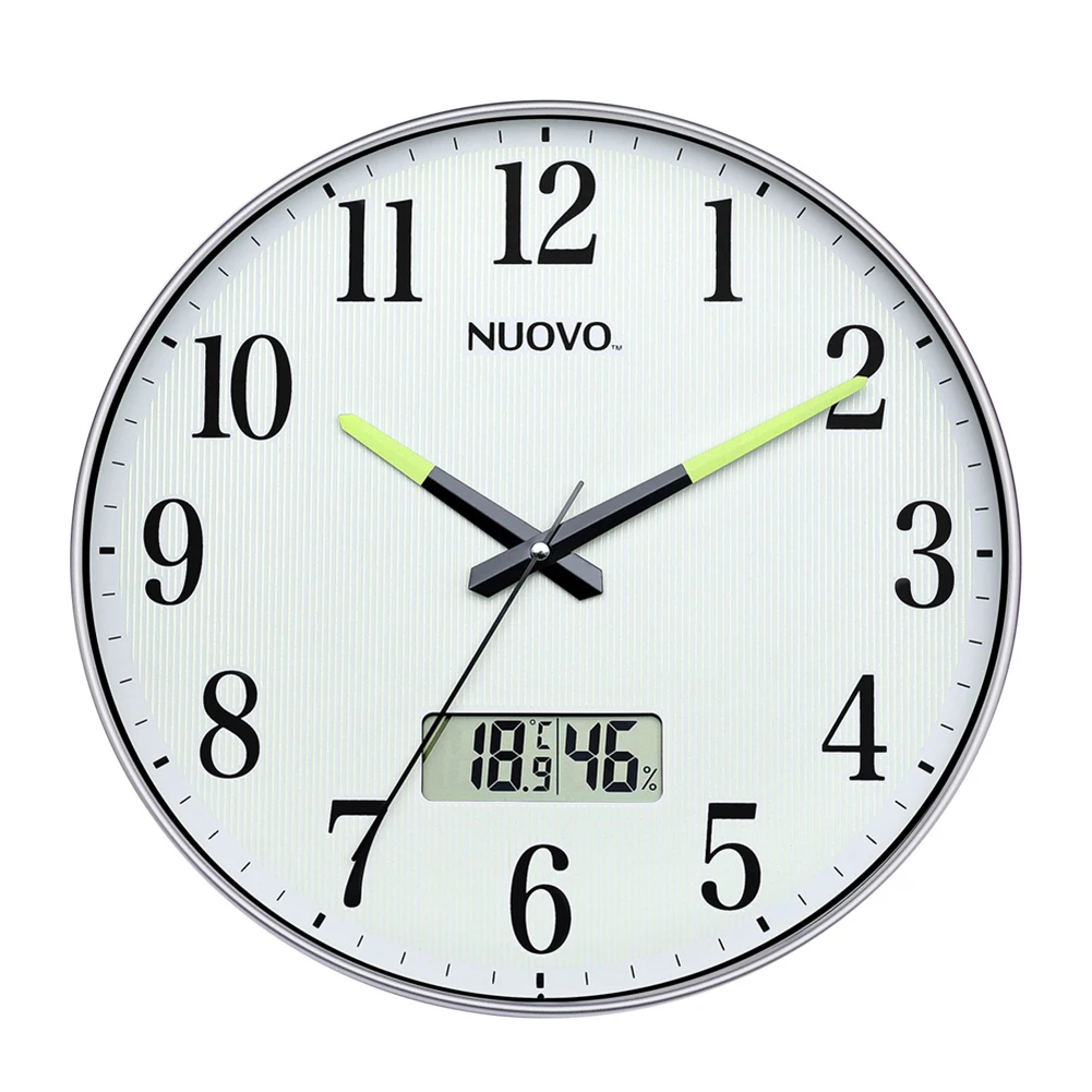 12 Inch Wall Clock with Silent Movement Night Light and LCD Display for Temperature and Humidity Battery Powered