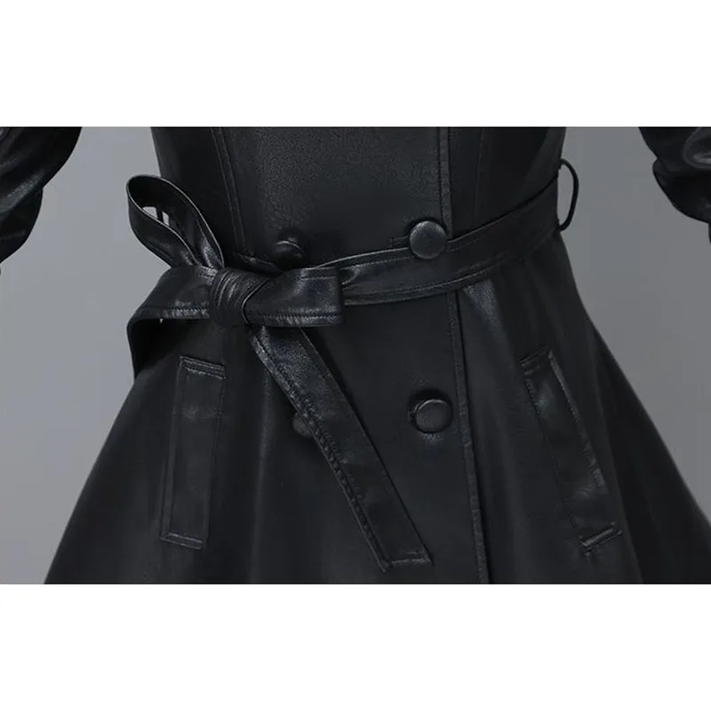 High-End Leather Jacket Women's Overcoat Spring Autumn 2024 New Korean Slim Belt All-Match Double-Breasted Leather Coat Tops