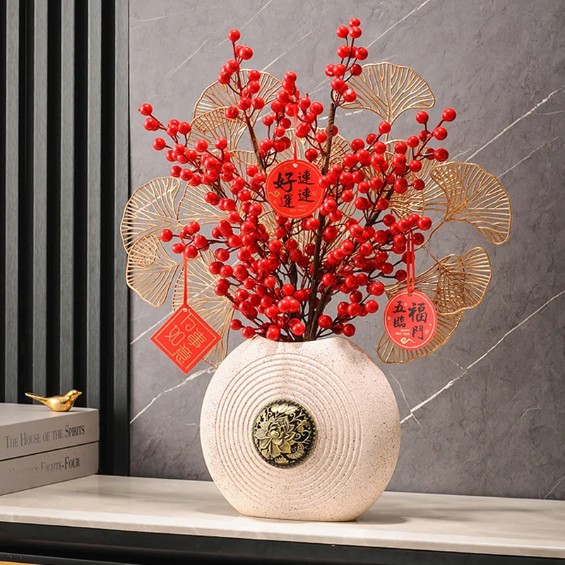 

Artificial Bouquet Ceramic Vase, Home Decoration, Simulated Ginkgo Leaves, Persimmons, Living Room Flower Arrangement Container