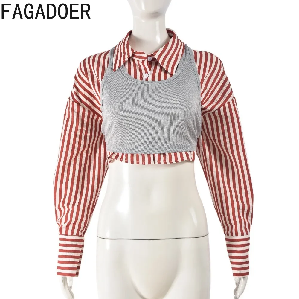 FAGADOER Autumn New Stripe Printing Crop Shirts 2024 Women Turndown Collar Button Long Sleeve 2 Pieces Tops Elegant Lady Clothes