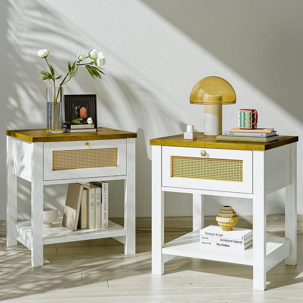 

Bedside Table in Boho Style, Nightstands Set of 2, End Tables with Rattan Decor Drawers, Side Tables with Storage Shelf