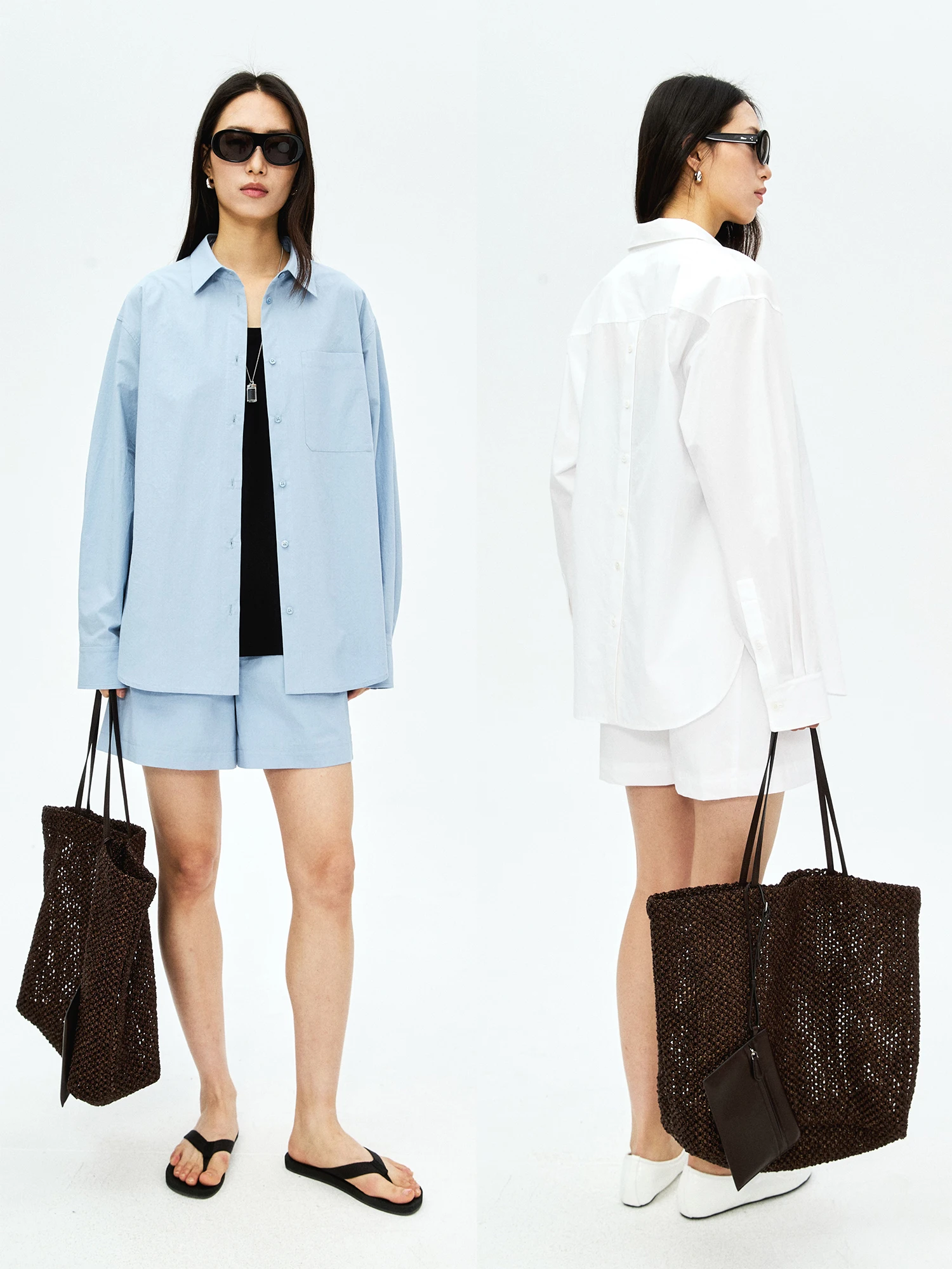 

MRS Studios Cotton Shirt Set with Pocket Back Button Design Salt Shrinkage Process Casual Loose Fit Long Sleeve Women's Shirt