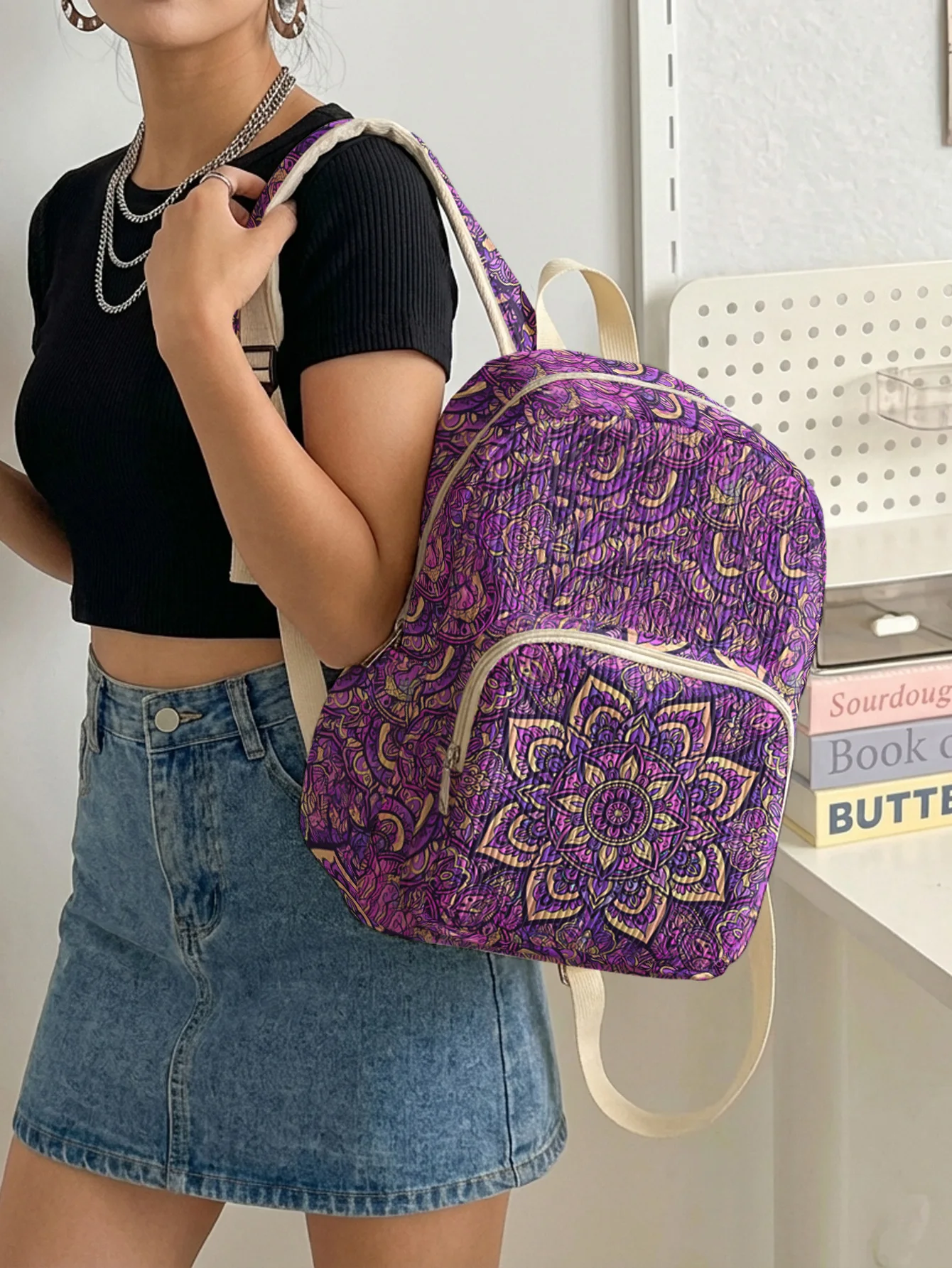 Purple & Gold Mandala Print Women Fashion Backpack Corduroy Multi-pocket Large Capacity Commuter Bag