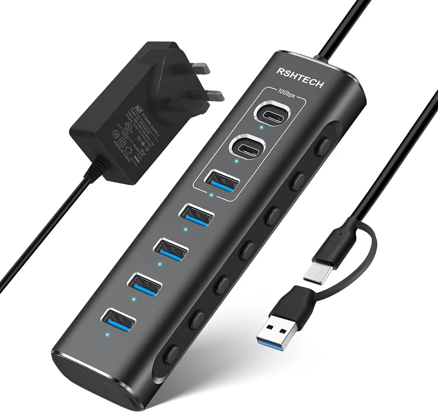 

RSHTECH-концентратор USB 3.1/3.2 с питанием от USB C, 10 Гбит/с, USB-A и 2 портами данных USB-C + 4 порта USB-A 3,0-разветвитель USB для ноутбука/ПК