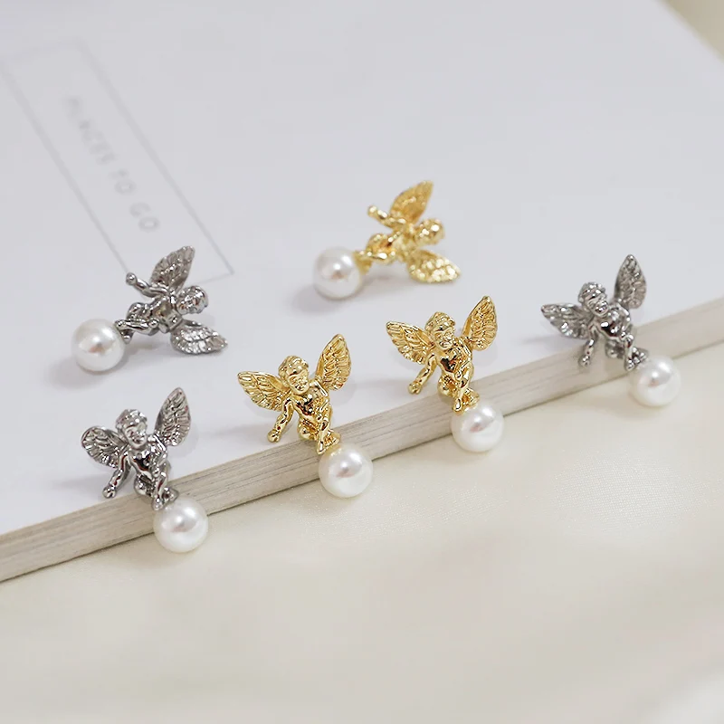 2pcs Vintage Baroque Angel Wings Pearl Earrings 925 Silver Needle Diy Handmade Ear Jewelry Earrings Material Accessories Charms