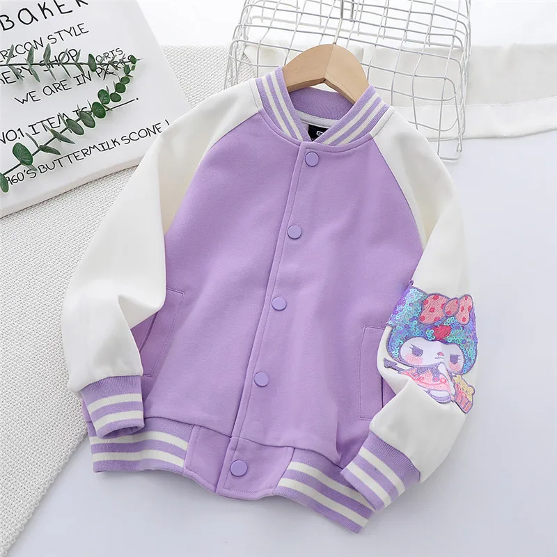 Kuromi My Melody Girl Coat Spring Autumn Children's Clothing Child Baseball Uniform Cartoon Jacket Color Matching Cardigan Coat