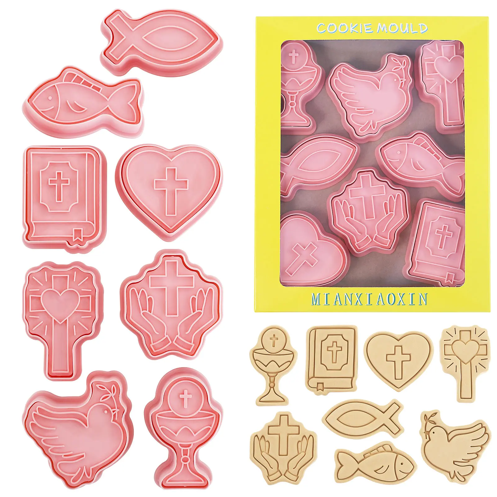 8 Uds. Sello de galleta para bautismo de bebé de primera comunión, cruz cristiana, pescado, cáliz, moldes para galletas para Pascua, Acción de Gracias y Navidad