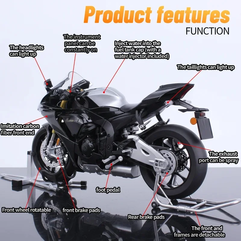 For Yamaha R1M  Spray 1:6 Alloy Metal Diecast Motorcycle Model Dynamic Ornaments Sound And Light Gift Collection Moto Boy Gift