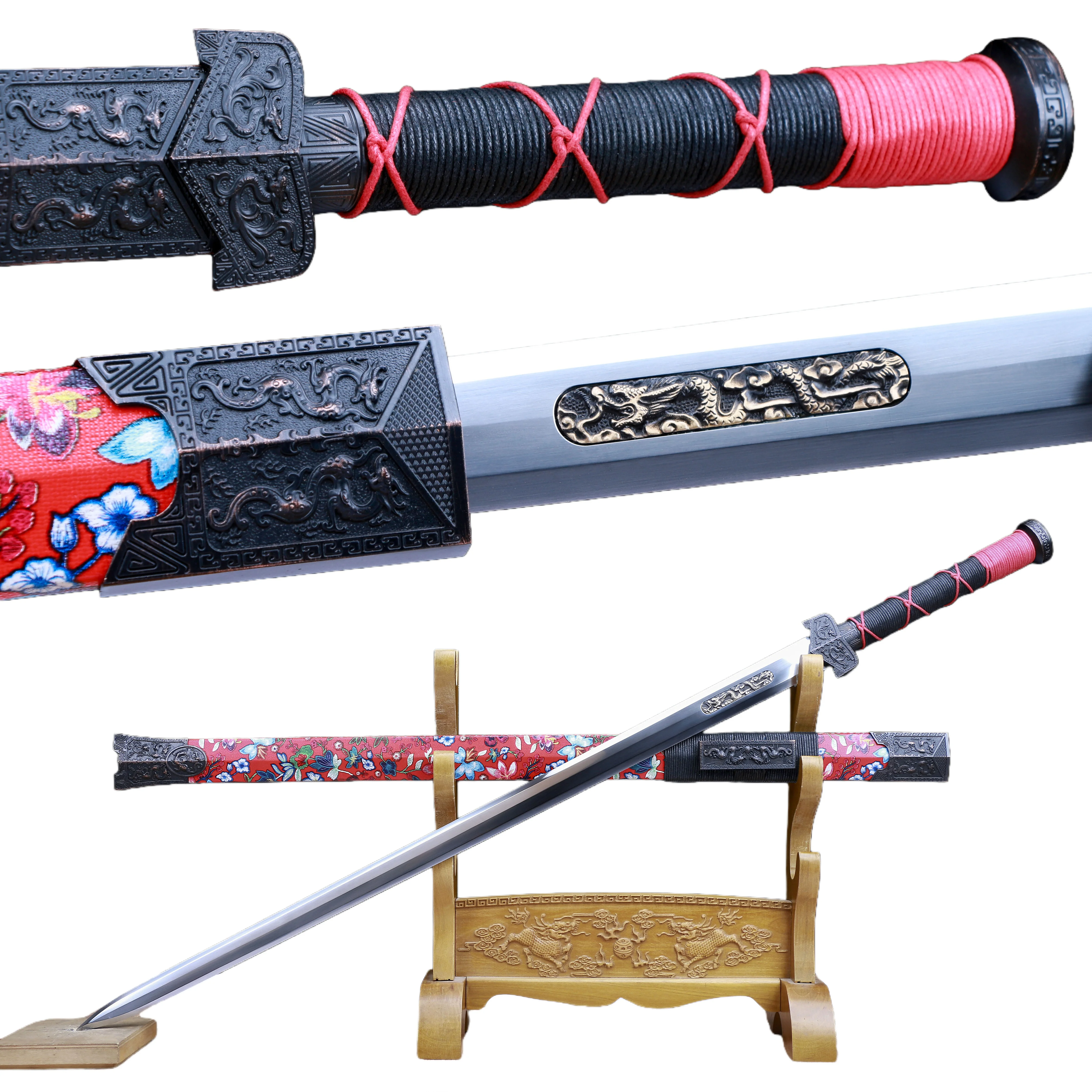 Chinese Dragon Warrior sword spring steel inlaid with pure copper relief dragon, medieval retro battle preparation sharp katana,