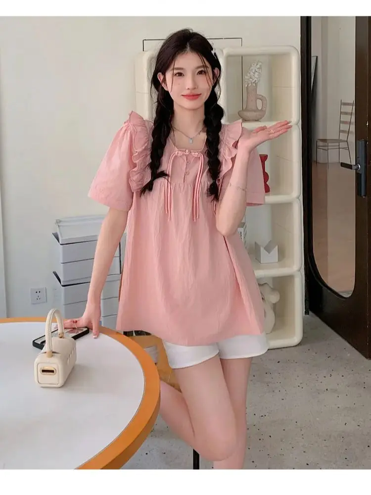 

Summer Lovely Pregnant Women's Clothes Set Ruffles Shirts Belly Shorts Two-piece Set Fashion Maternity Pants Suits Pink Beige