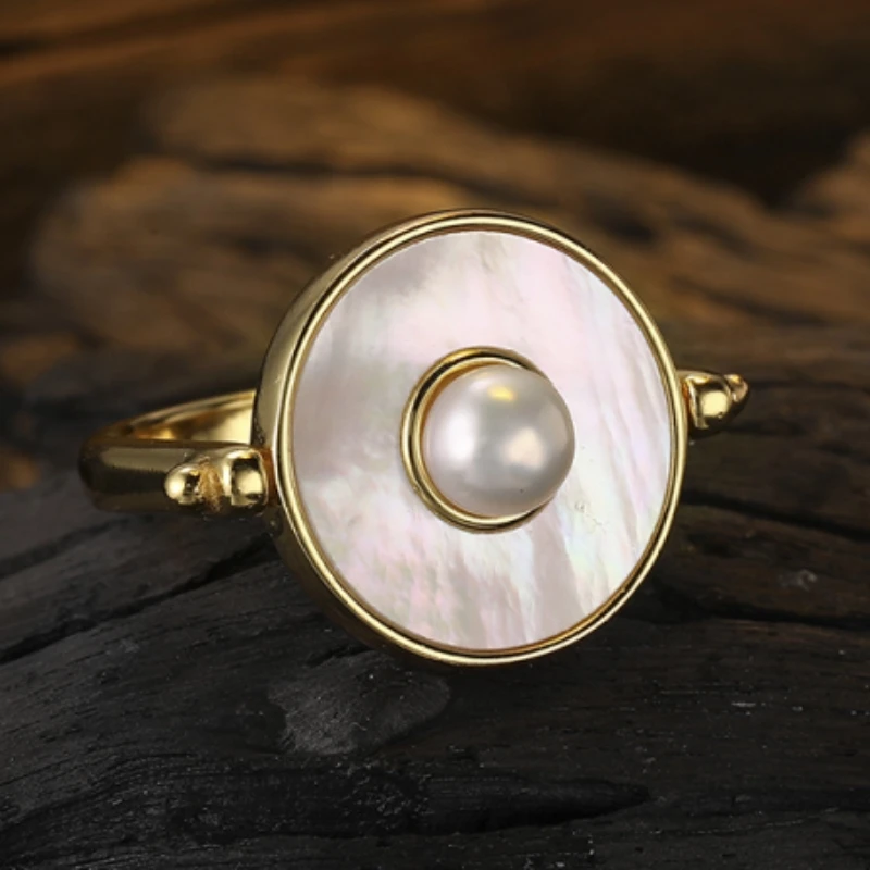 New 925 Silver Jewelry White Shell Rotating Freshwater Pearl Women's Ring Adjustable Free Shipping