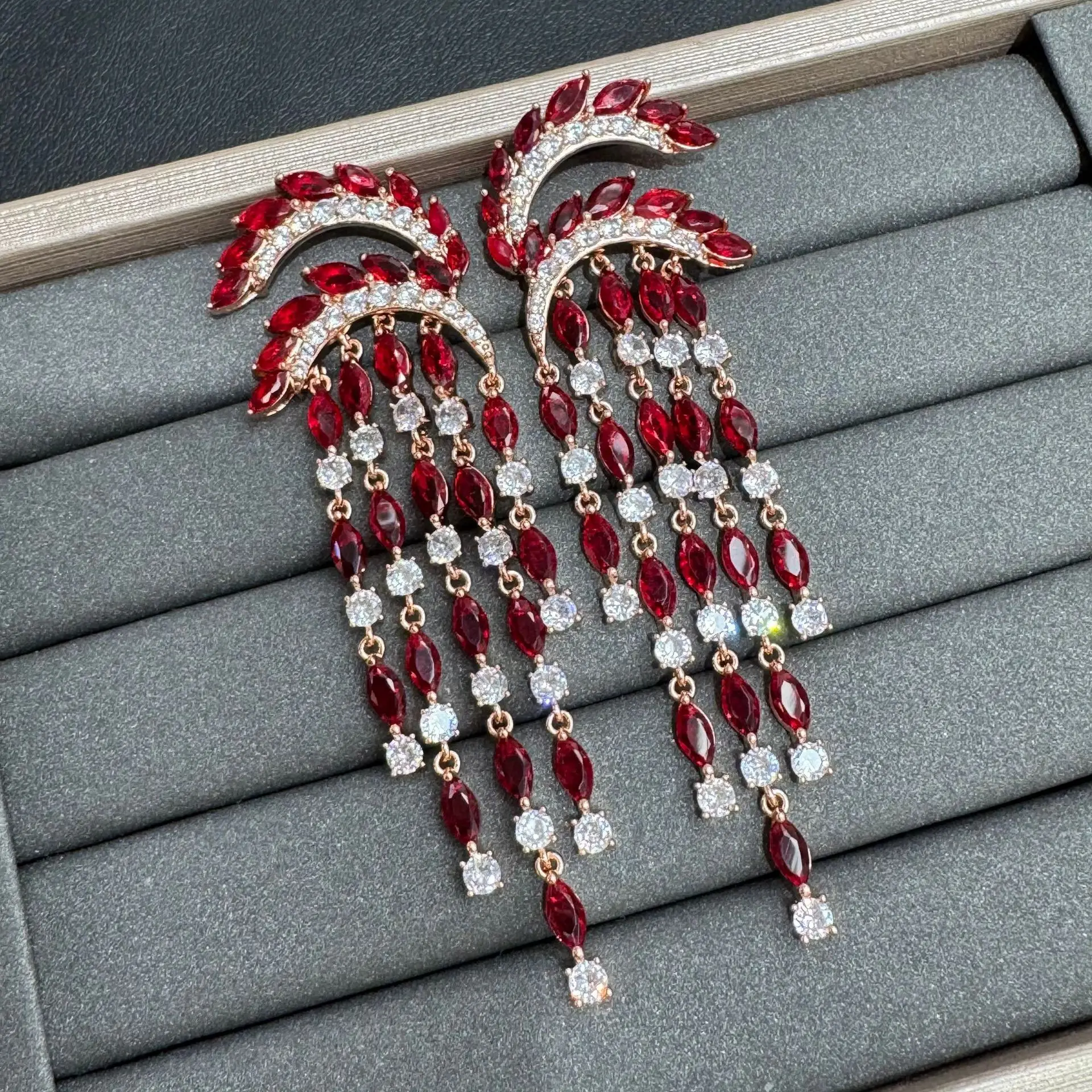 

zircon red long chain dangling earrings for women luxury jewelry green white Champagne teardrop tassel earrings party jewelry