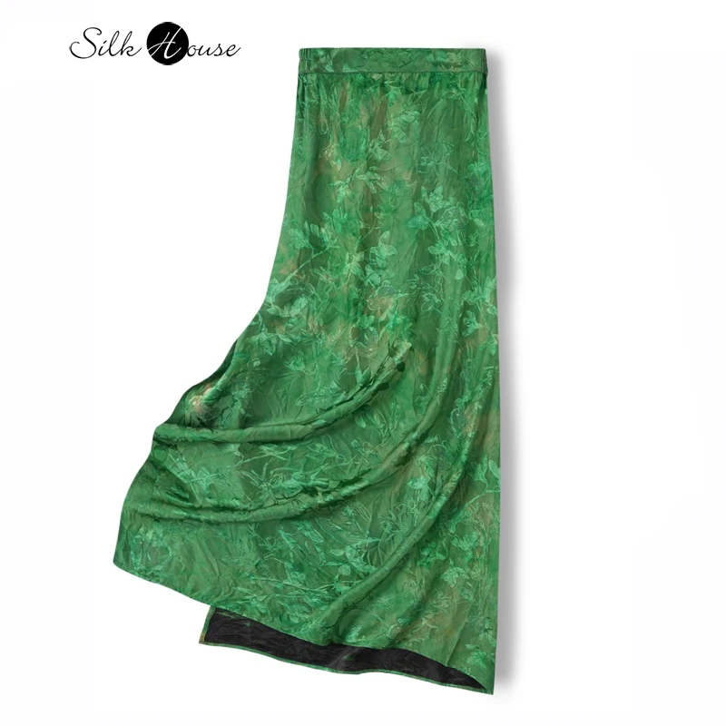 

Plant Grass Dyeing 100% Natural Mulberry Silk Fragrant Cloud Yarn Green Jacquard Retro Chinese Style Women's Straight Tube Skirt