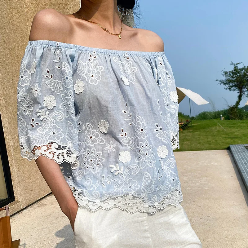 Off The Shoulder Floral Embroidered Boho Top 3D Floral Embellishment Vacation Small Blouse Summer New in Eyelet Women Clothing