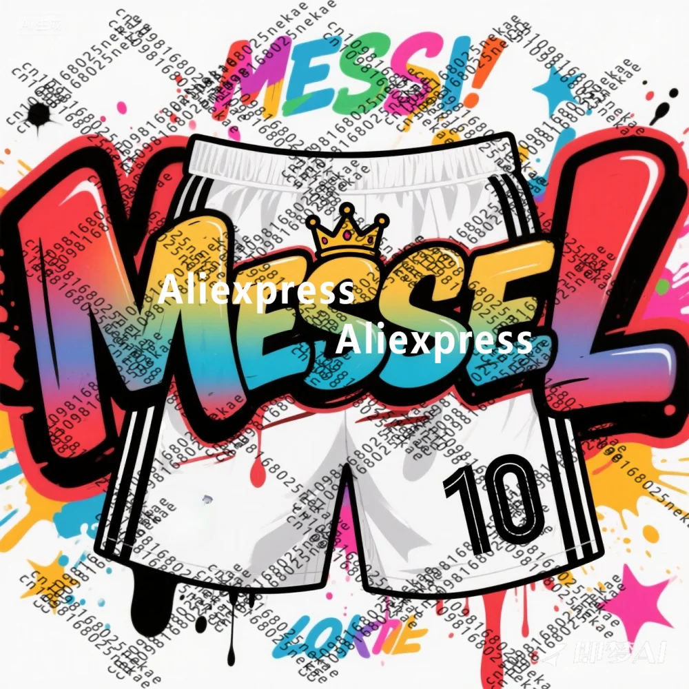 

Trendy Messi Themed Shorts Vibrant Graffiti Design White Base Crown Logo & 10. Perfect for Football Lovers Parent-child Shorts