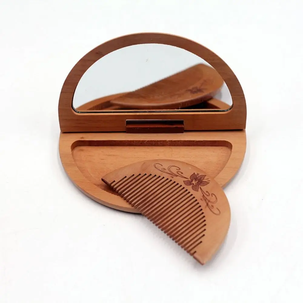 Ensemble de mini miroirs à peigne en bois pour fille et femme, miroir de maquillage vintage, rectangle en bois de pêche, pliable et portable, durable, 2 en 1