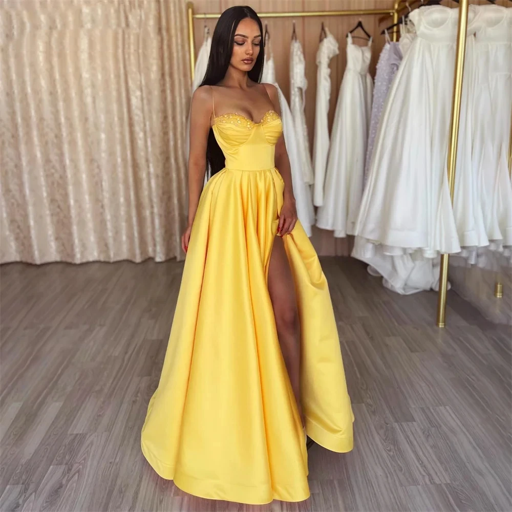 Robe de Soirée Trapèze Jaune pour Femme, Tenue Sexy, Dos aux, Perlée, Fente Latérale, Élégante, Personnalisée, pour ix