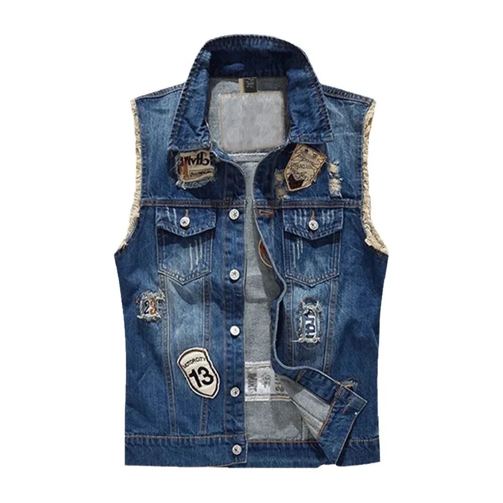 Spring Summer Men\'s Denim Vest Fashion Male Hip Hop Patch Hole Waistcoats Male Night Club Party Jeans Sleeveless Jacket Clothing