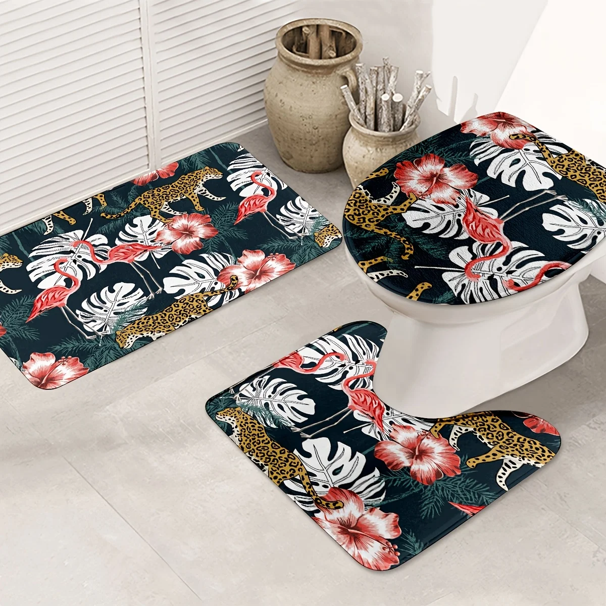 

3pcs Tropical Flamingo and Leopard Print Bath Mat Set - Non-Slip, Machine Washable, Polyester Knit Fabric, Includes Bath Rug, Co