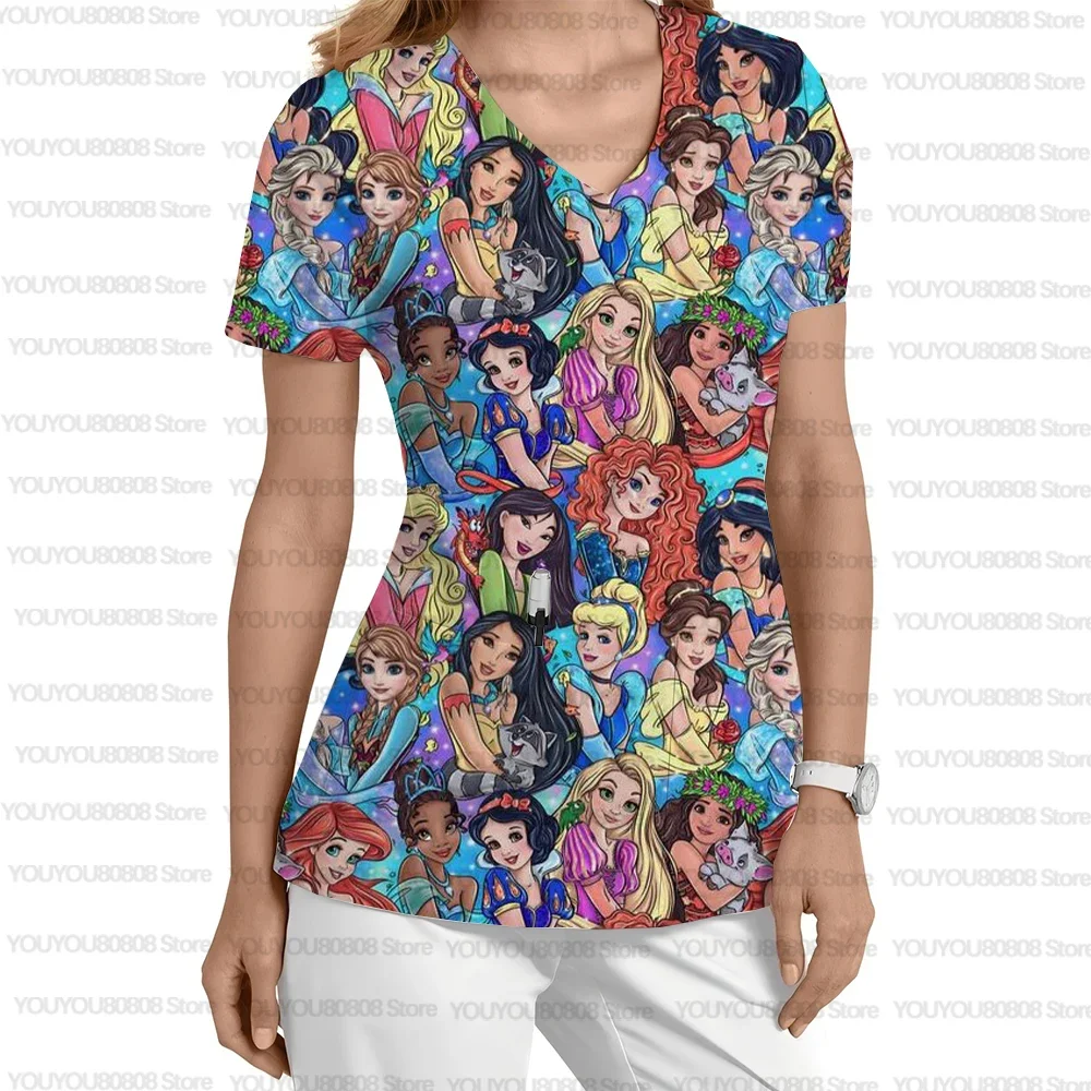 

Women's nurse uniform print short sleeve Disney series V-neck top work T-shirt heart-shaped print medical tunic nurse work cloth