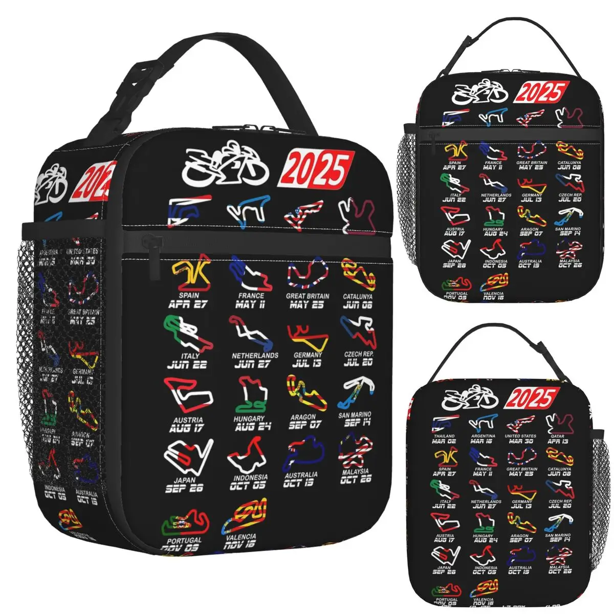 

Calendar Season 2025 MotoGp Circuits Insulated Lunch Bag Storage Food Boxes Portable Container Cooler Thermal Lunch Box Tote