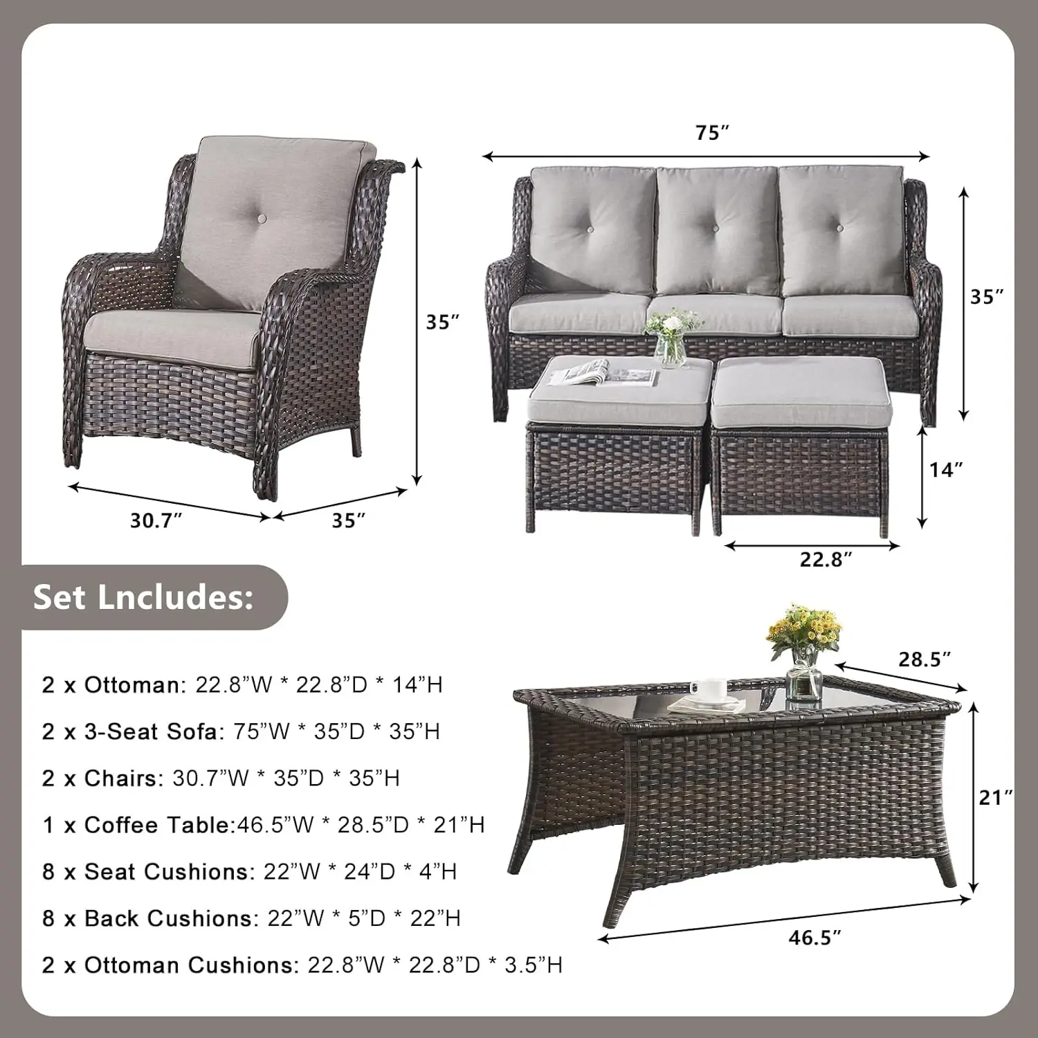 Wicker Patio Sofa Set - 7 Piece Rattan Patio Sectional Sets w/ 2 Sofa,2 Armrest Chairs,1 Coffee Table & 2 Ottomans(Brown/Grey)