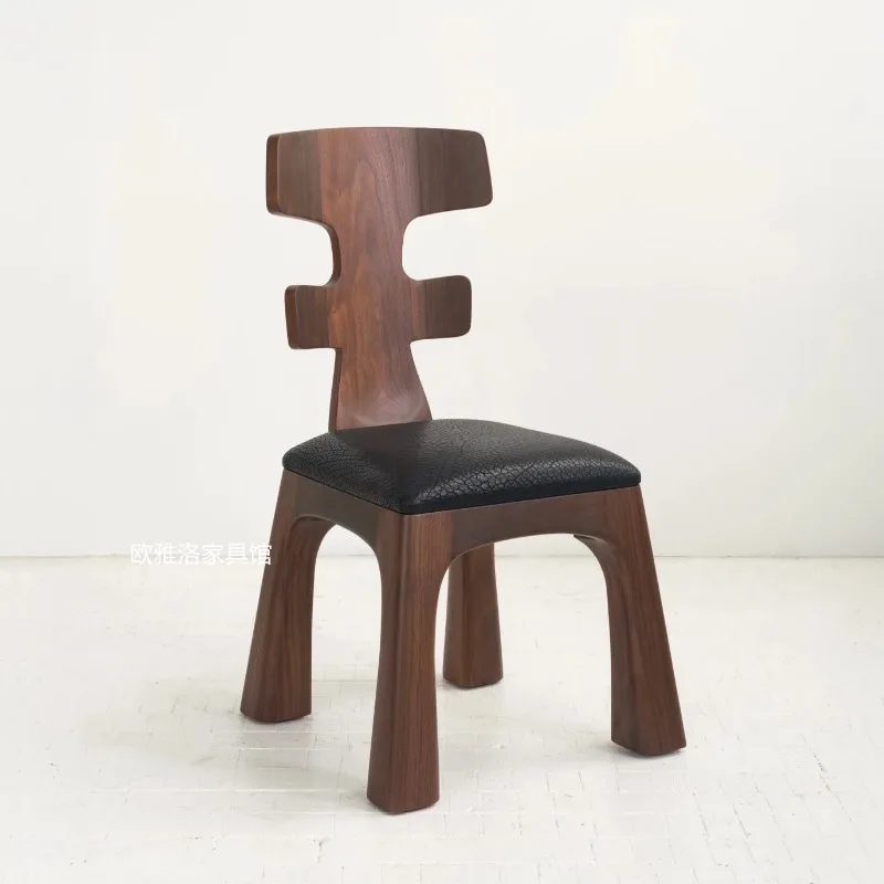 Mid-Century Modern Solid Wood Dining Chair, Creative Irregular Shape High Back Chair for Study Room, Vintage Designer Chair