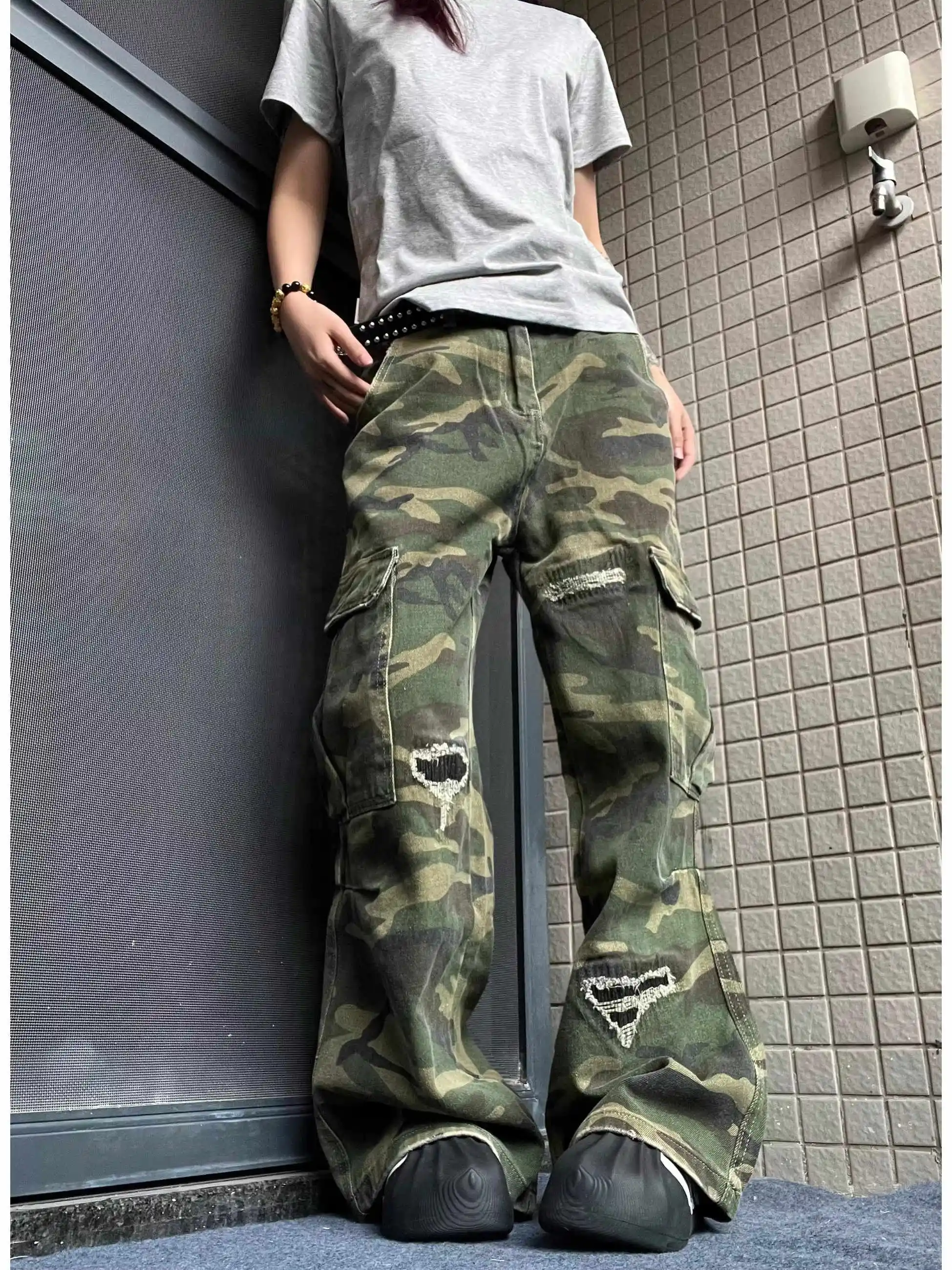 

Retro Women High Waist American Finish Wide Leg Pants Y2K Streetwear Sweat Pants 2024 Autumn Camouflage Straight Trouse