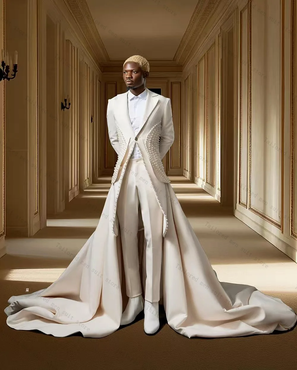 

Pearls White Men Suits Set 2 Pieces Blazer+Pants Trousers Long Train Groom Wedding Tuxedos Jacket Formal Office Customized Coat