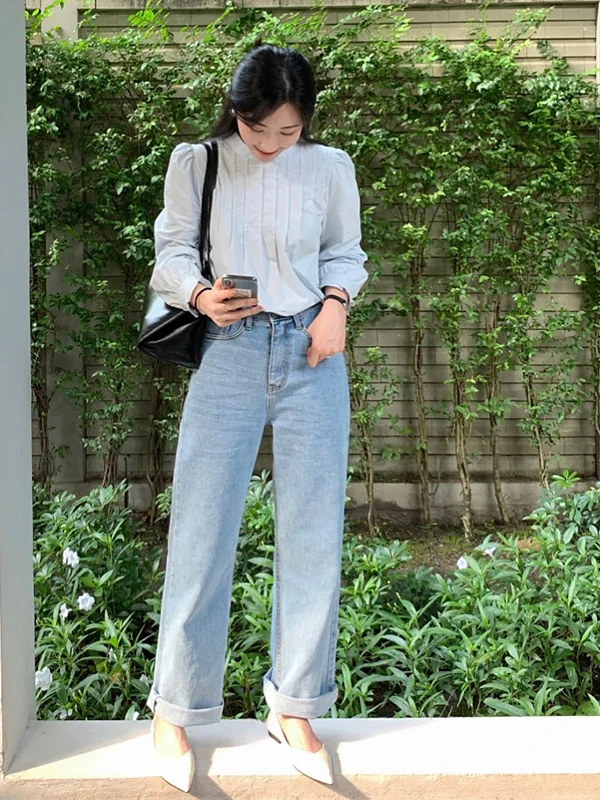 

Chic Bubble Sve irt Women's Retro irt Ele Korean Sle Long Sve Faionable Top for Autumn Season