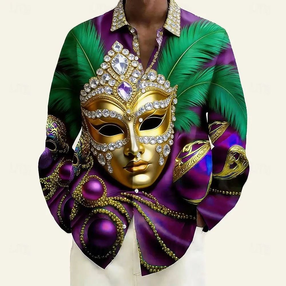 

Mardi Gras Men's Carnival Beads Mask with Feathers Shirt Button Up Shirt Long Sleeve Vintage Retro Holiday Summer Spring shirts