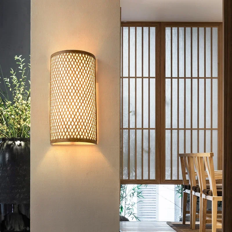 

Traditional Bamboo Wall Lights Retro Wall Lamps for Bedroom Corridor Hotel Restaurant Decor Light Fixtures Hand-woven Luminaire