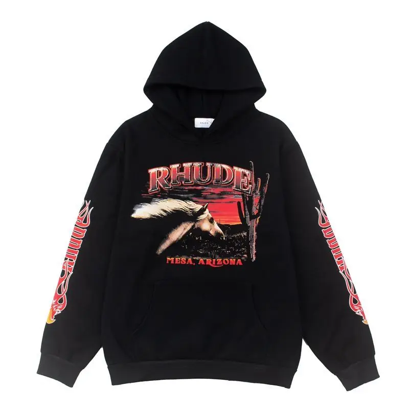 Rhude New European American Streetwear Fall Winter Fleece Hoodie, Unisex Loose Long Sleeve Casual Top