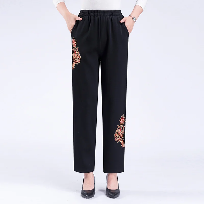 Middle Aged Women Straight Trousers 2023 New Spring Autumn High Waist Casual Mother Vintage Embroidery Mom Pants 4XL