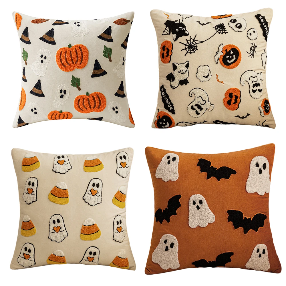 

30x50/45x45cm Halloween Embroidery Pillowcase Home Holiday Decoration Sofa Pillow Cover Living Room Plush Orange Cushion Covers