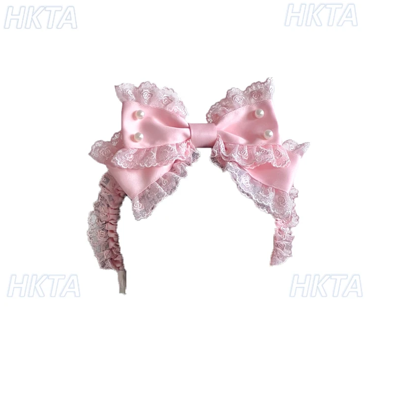 Sweet lace stitching Lolita handmade lace headband bow kc headgear women kawaii pearl gorgeous cosplay hair accessories female