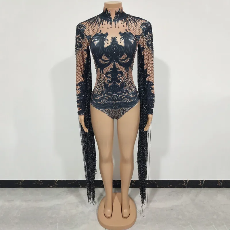 Women Team Jazz Dance Costume Printing Rhinestones Tassel Bodysuit Bar Nightclub DJ Singer Stage Wear Sexy Performance Leotard