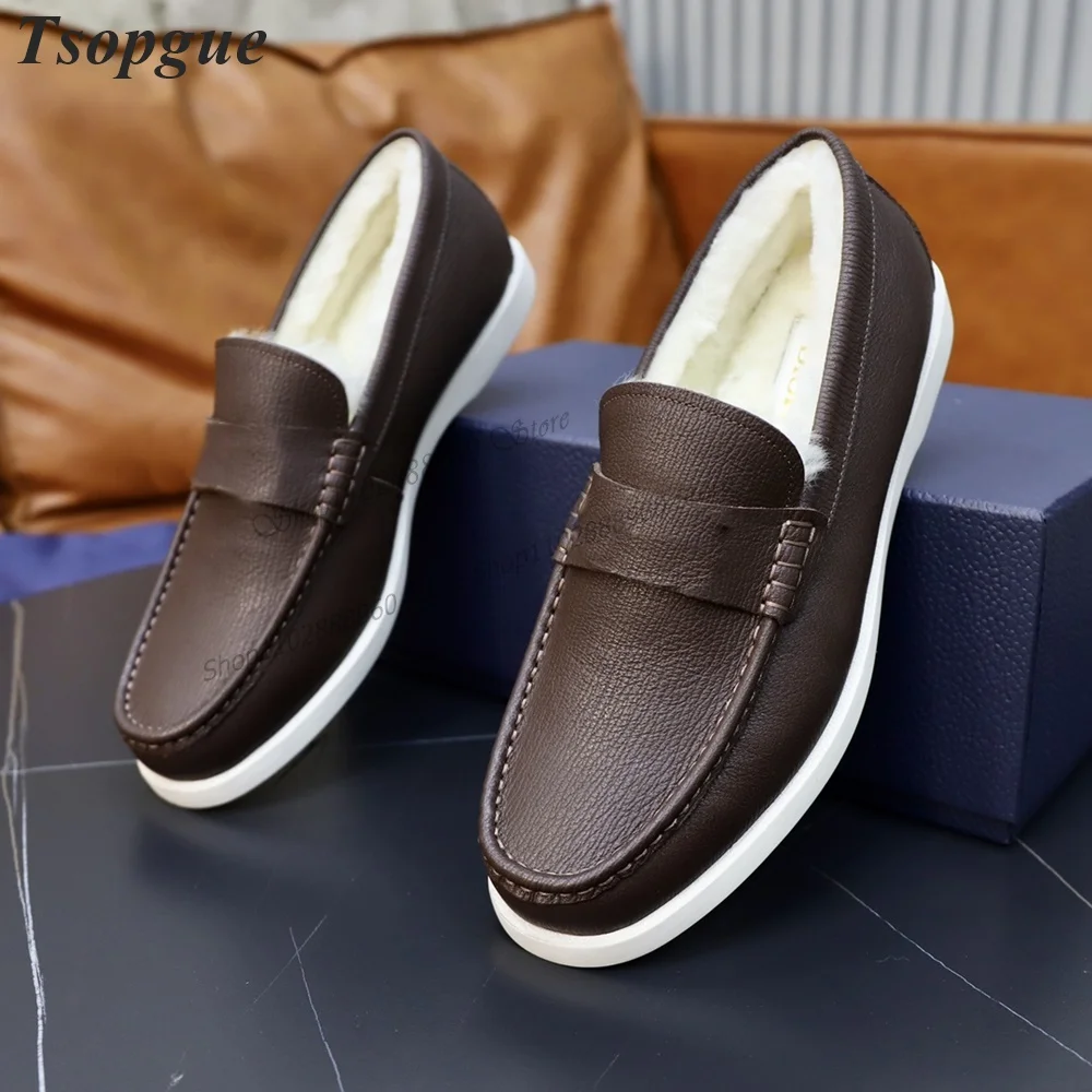 

Brown Leather Fleece Winter Men's Loafers Pumps Shoes For Men Slip-On Runway Casual Party Shoes 2023 Fashionable Zapatillas Muje