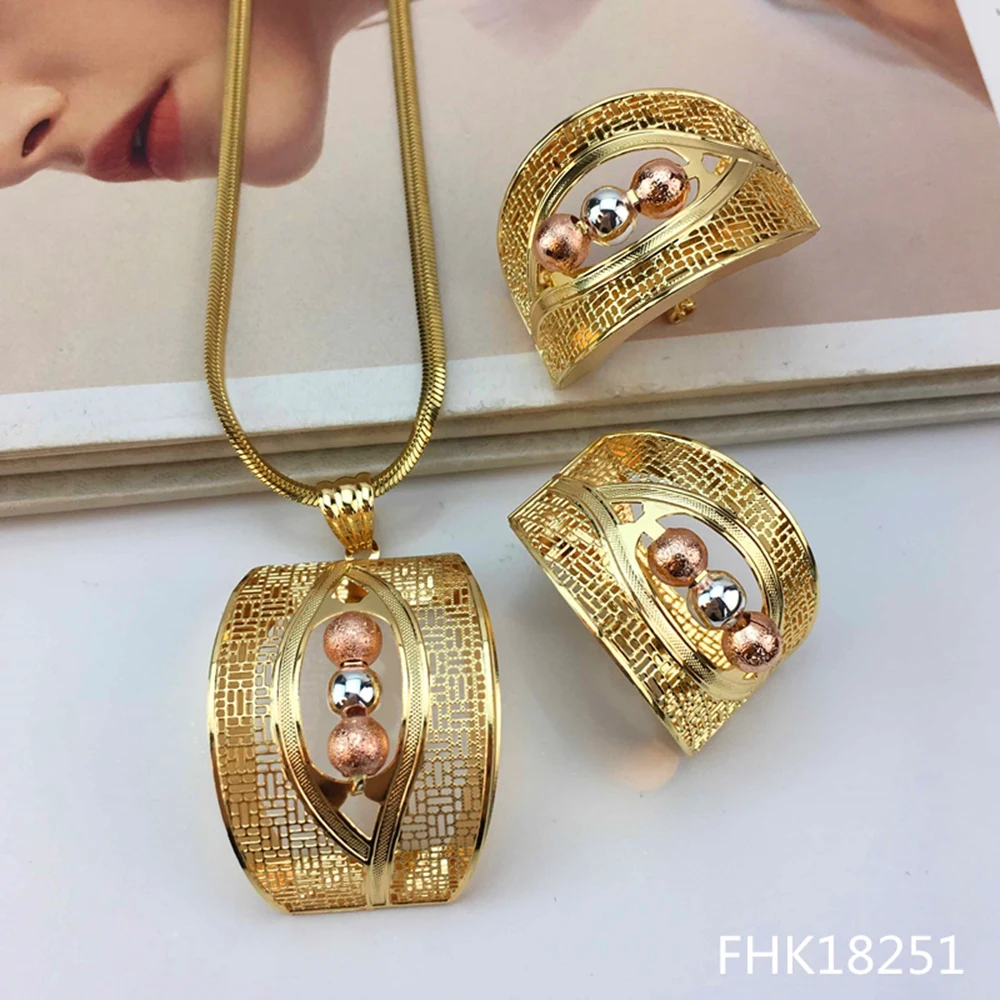 Jewelry Costume Set Lucky Ball Three Tone Copper Earrings Pendent Necklace For Women Daily Wear Gifts FHK18252