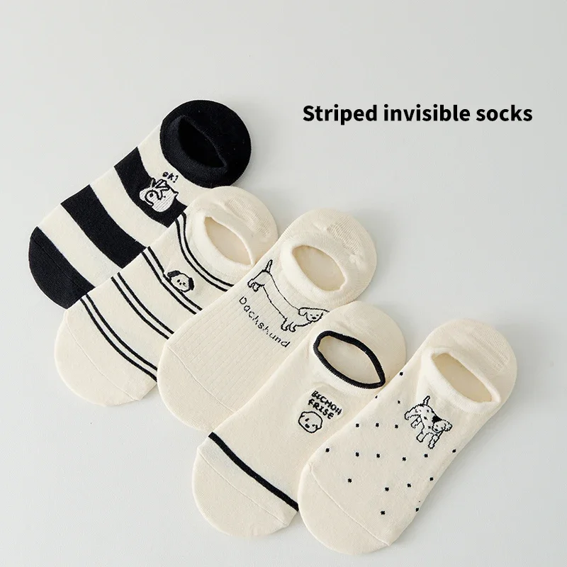 

5 Pairs Cotton Women Low Short Socks dachshund Pattern Matching Striped Sweat Absorbing Casual Breathable Invisible Lady Hosiery
