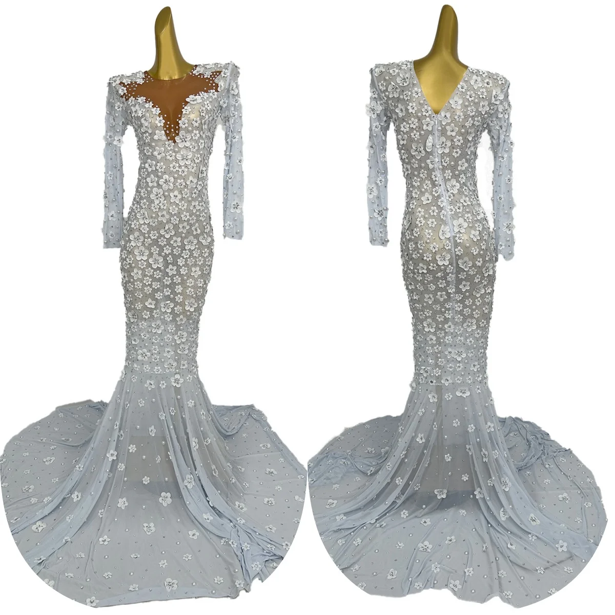 

Luxury Women Sexy Gown Elegant Full Flower Floor-length Dress Sheer Mesh Evening Dresses Birthday Wedding Prom Couture Chunjie