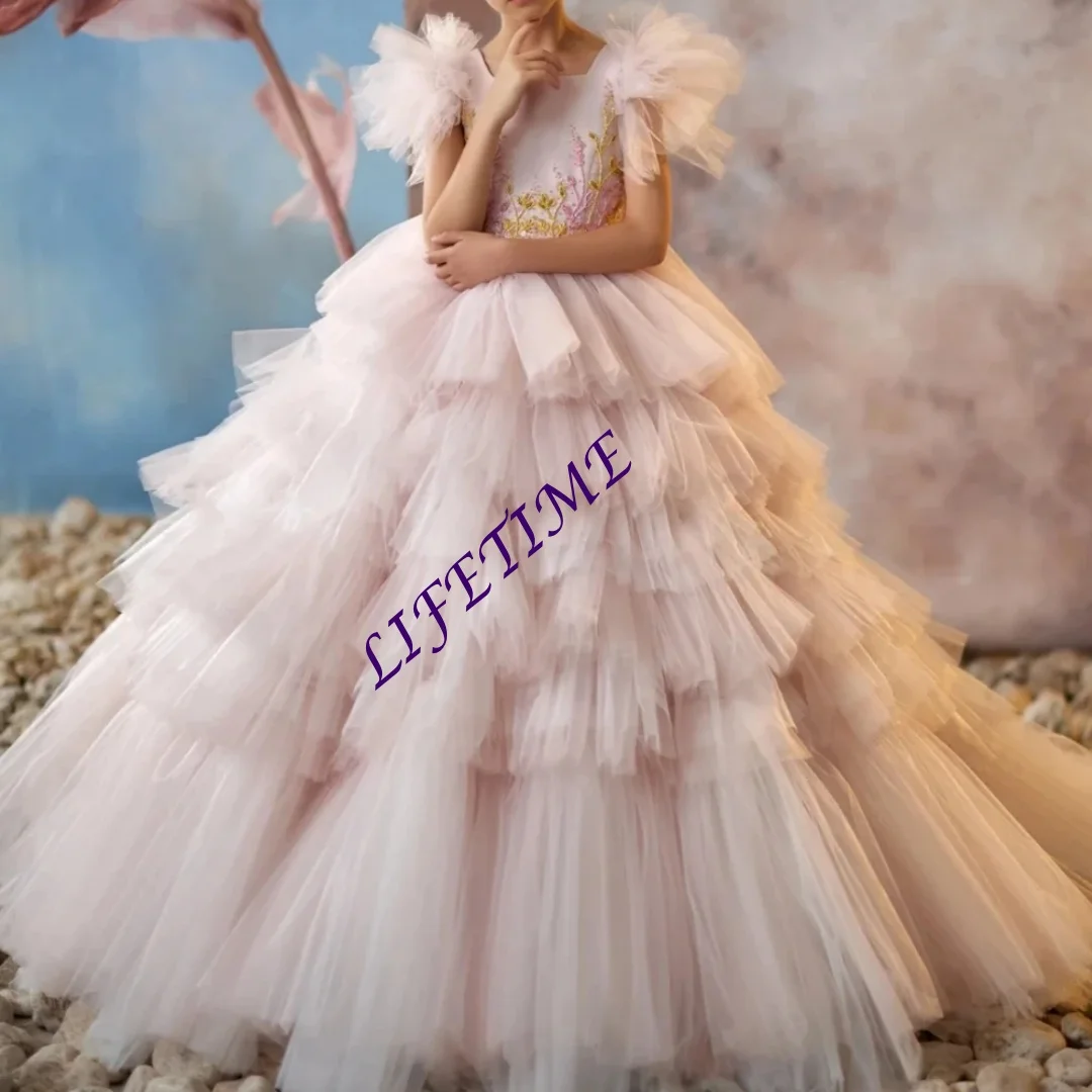 ふわふわスパンコールビーズプリンセスガウン子供のためのステージパフォーマンス豪華なレースのアップリケチュール女の子ドレスパーティー Wea カスタマイズ
