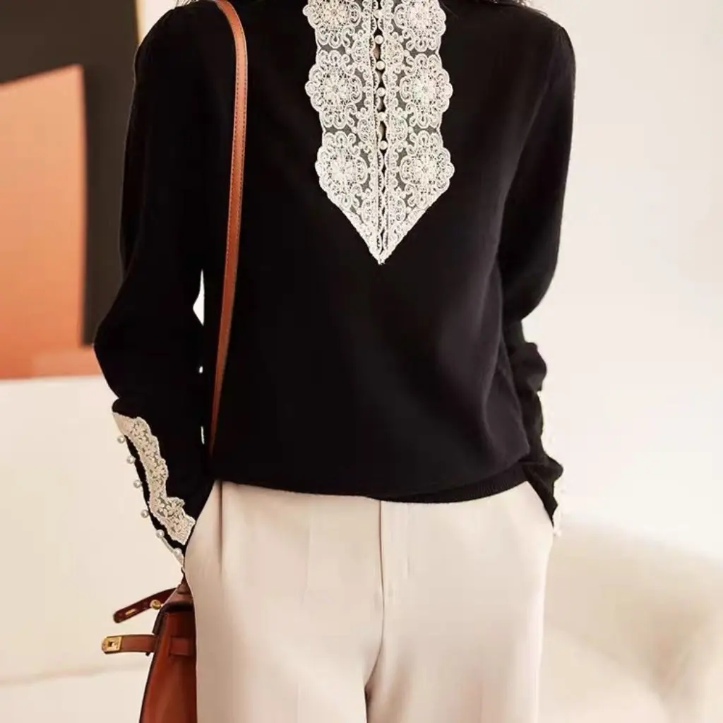

Women's Lace Knitwear Slim-fit Long Sleeve Crochet Hollow Half-turtleneck Sweater European Fashion Base Shirt