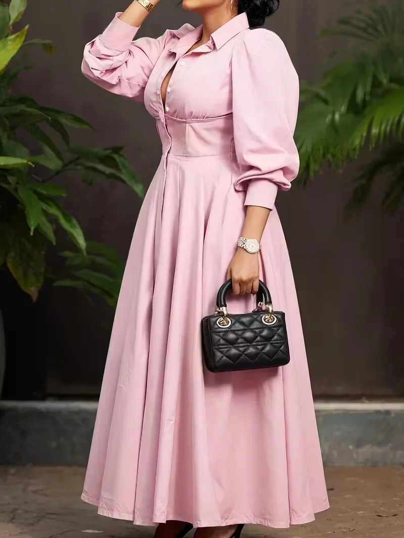 New elegant long-sleeved flared shirt dress for women, fashionable solid color long dress.