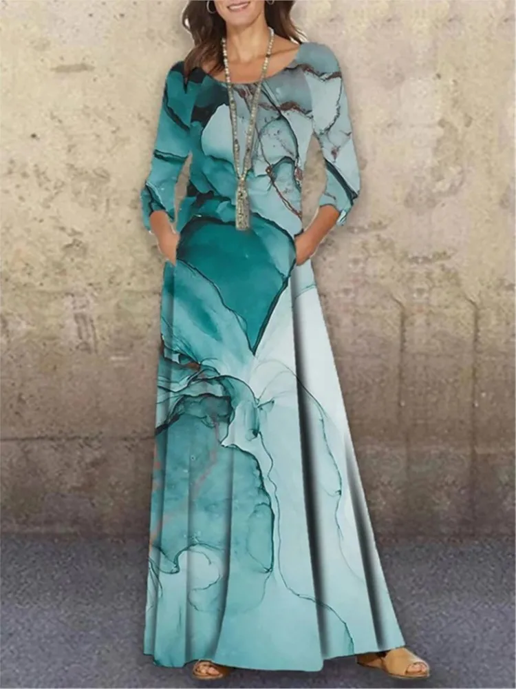 

Spring Summer New Round Neck Knitted Long Sleeved Dress For Women Fashionable Floral 3D Printed Casual Women