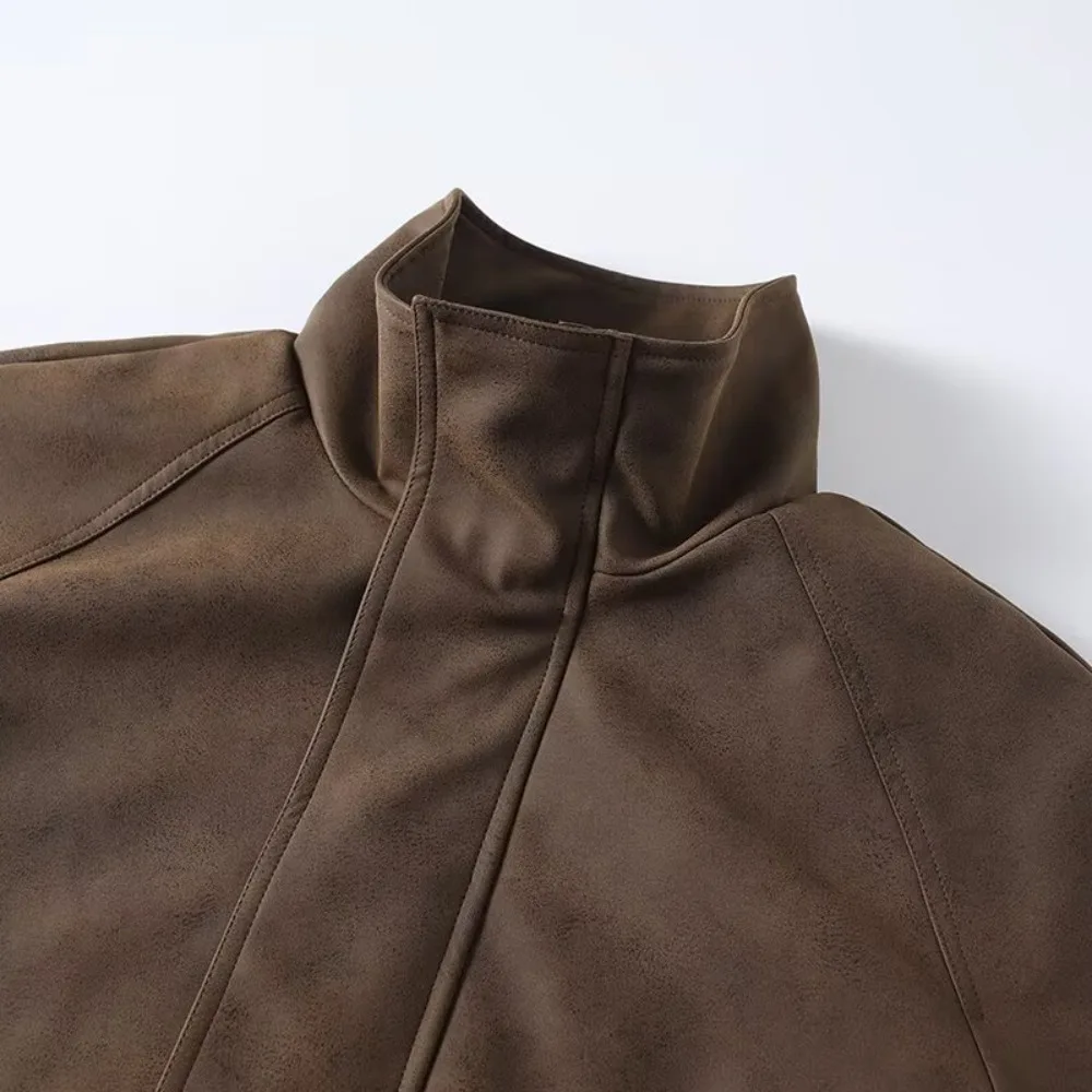 Vintage Distressed Leather Bomber Jackets for Women Autumn & Winter Retro Casual Faux Suede Zippered Outwears with Large Pockets